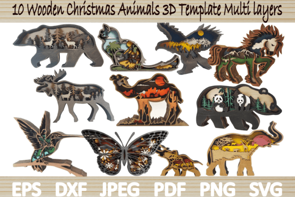 10 Wooden Animals Christmas Ornament SVG for Laser Cut Wall Decor